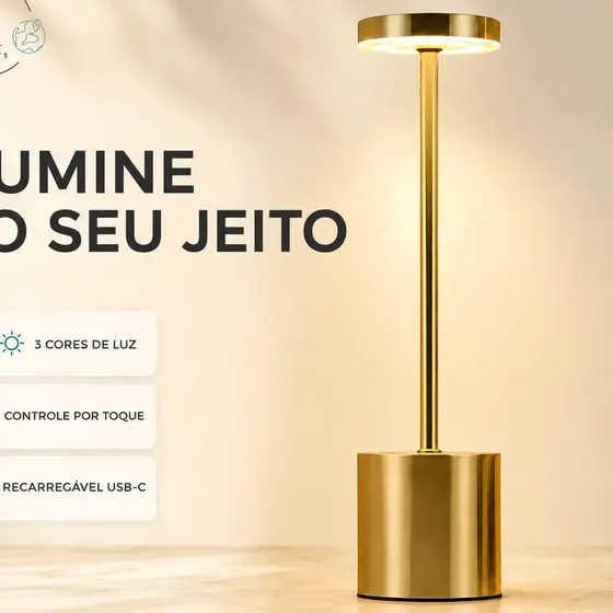 Luminária de Mesa Abajur LED Dourada Sem Fio Recarregável USB-C Touch Dimerizável 3 Tons de Luz para Quarto Cabeceira Restaurante YR Ymports