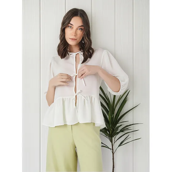 Blusa Crepe Mangas 3/4 Mujer Abertura Frontal Con Lazo Mochi