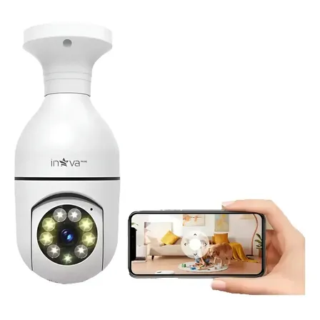 Câmera Ip Espiã Inova Sem Fio 2MP Full HD Lâmpada Panorâmica Interna Câmera de Segurança WiFi Inova KV-20158 PTZ Visão Noturna Branco