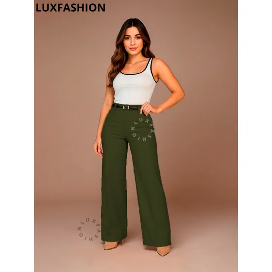 Calça Pantalona Alfaiataria Feminina Elegante Com Cinto