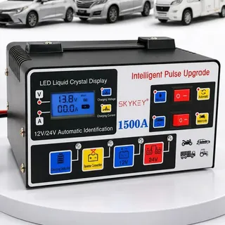 Cargador Inteligente Skykey 1500A 12V 24V con Pantalla LCD Visualización en Tiempo Real, Función de Reparación y Desulfatación, Protección Completa de Seguridad para Baterías