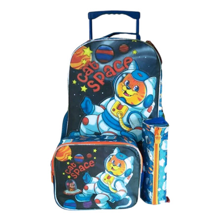 Mochila Infantil Rodinhas Lancheira E Estojo Cat Space Azul Mochila Infantil Rodinhas Lancheira E Estojo Cat Space Azul