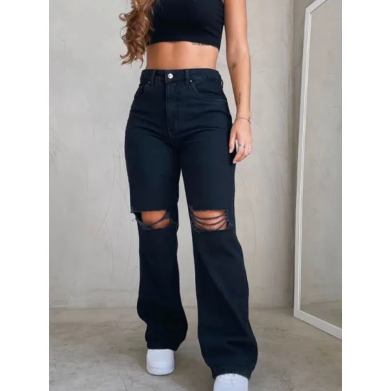 Calça Feminina Jeans Wide Leg Com Rasgos No Joelho Fashion