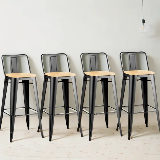 Set De 4 Taburetes Tolix Metal Con Madera Wood Negro Altas