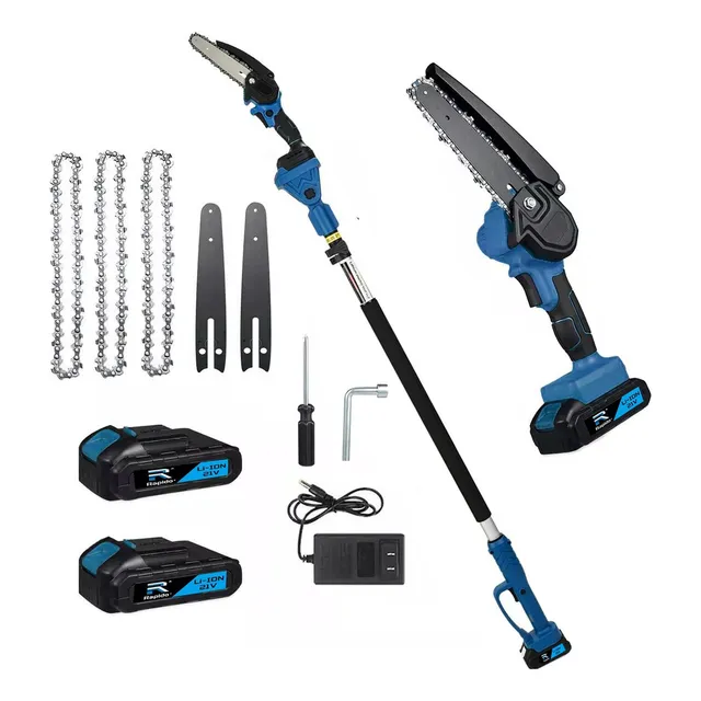 Motosierra Electrica 8' 2 En 1 Con 2,05m Pertiga Telescopica, Sierra De Pértiga Mini Ajustable Con 2 baterias