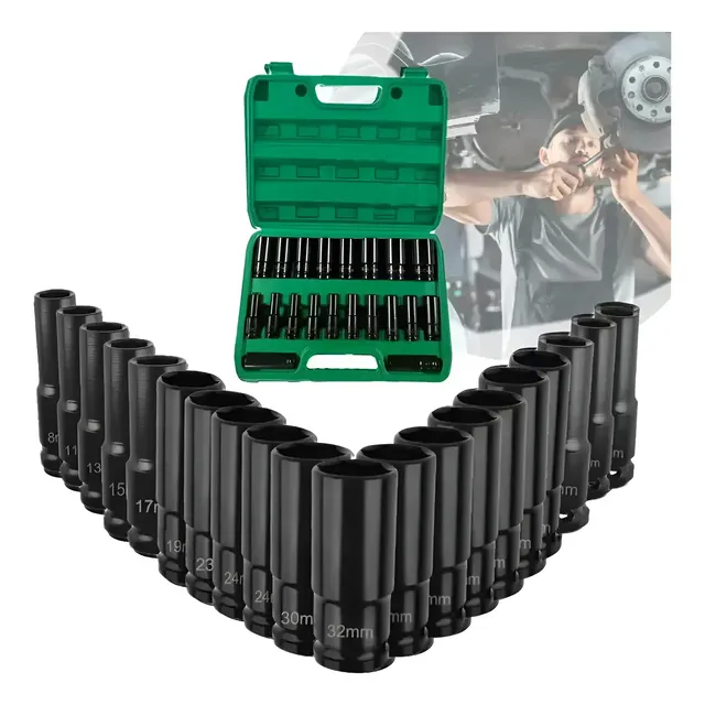 Jogo Soquete Longo Sextavado Impacto 1/2 8 A 32 Mm 15pcs Preto