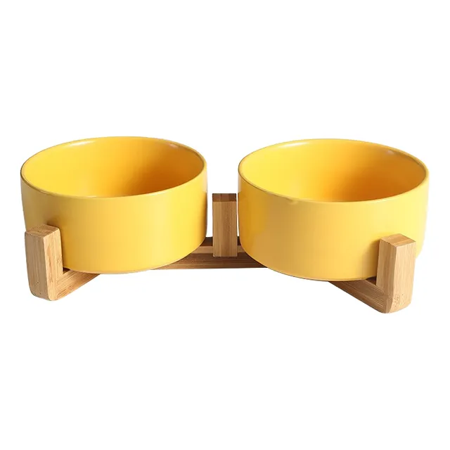 Comedero Doble De Cerámica Con Soporte De Bambu 2 X 350 Ml
