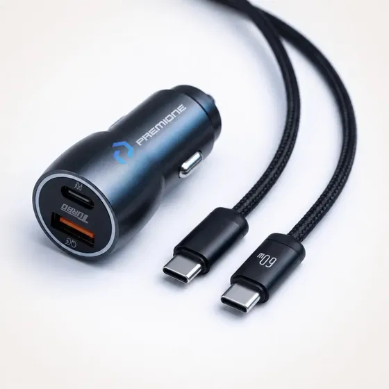Carregador Veicular Turbo 60w Usb-c Pro Preto + Cabo Duas Portas Usb 3.0 + Usb-c Led Premium Compatível Com iPhone E Android Ios Super Rápido Carros Veículos Carrega 2 Celulares Juntos Premione