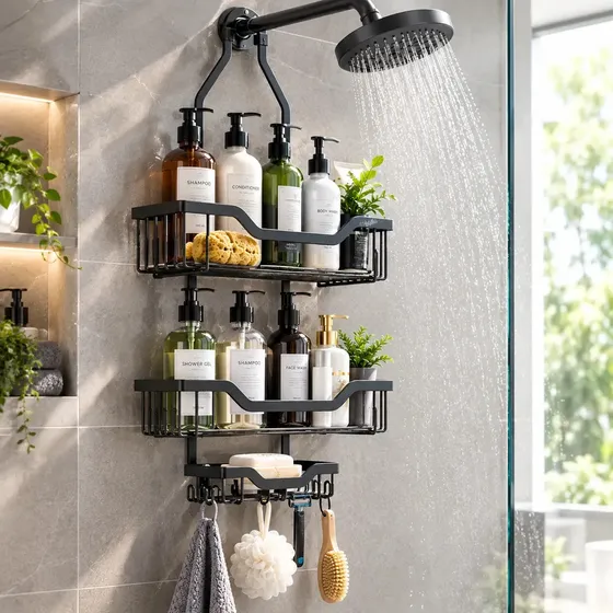 Organizador de Ducha Colgante de 3 Niveles para Baño, con Ganchos y Ventosas