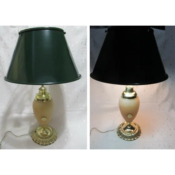 Lámpara Mesa Estilo Inglés Bronce Alabastro Pantalla Verde 