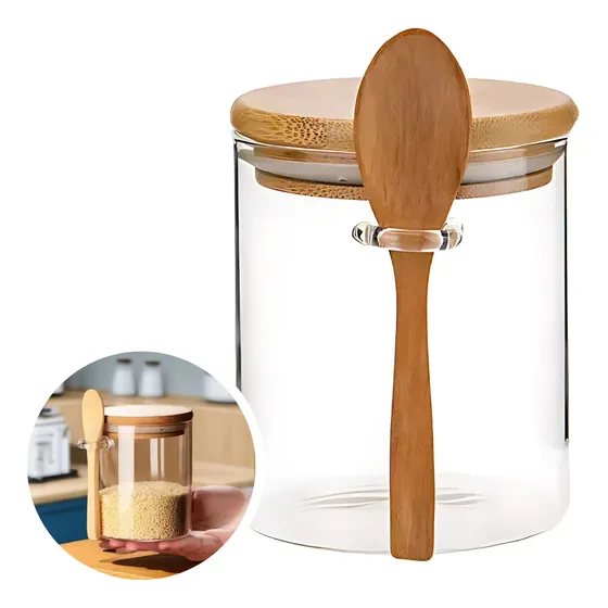 Pote De Vidro Hermético Com Colher Bambu Sal Açúcar Multiuso