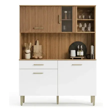 Armário de Cozinha M Casa Móveis Viena Compacto com Nicho e Balcão Multiuso Branco/Ripado