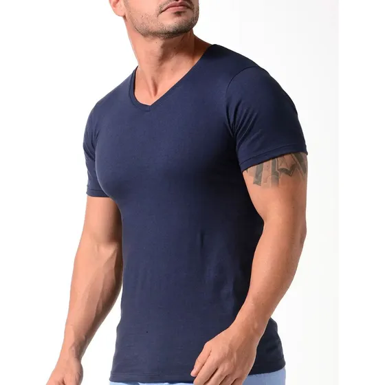Camisa Hombres Básica Algodón Cuello En V Manga Corta Gym
