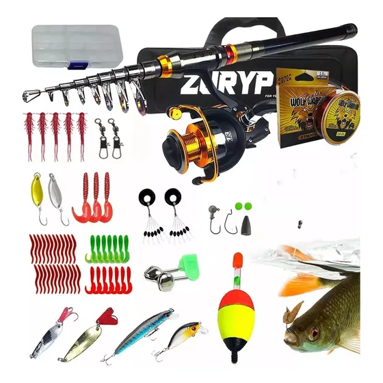 Kit Pesca Caña Carrete Señuelo Accesorio Bolsa Completo 2.4m