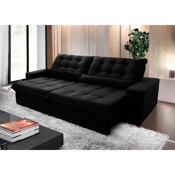 Sofá Retrátil Reclinável Zurique 2,10m Velut Preto Molas