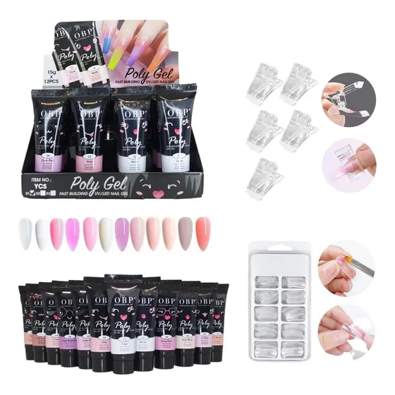 Kit Polygel Color 15ml Nail+100 Tips Dual+5 Pinzas 