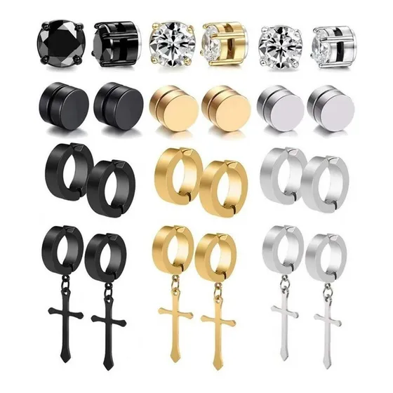 Aretes Falsos De Acero Con Imán Y Diseño De Cruz, 24 Piezas
