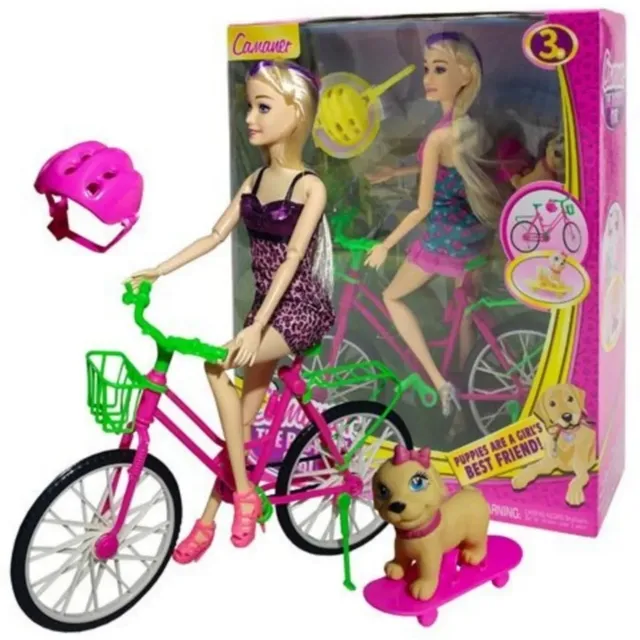 Muñeca Con Bicicleta Mascota Y Accesorios En Caja Niña