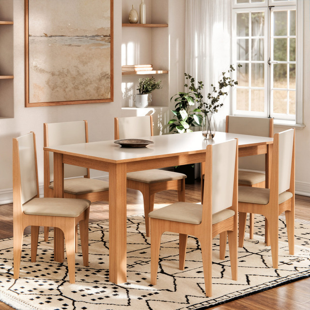 Conjunto Sala De Jantar Mesa Com 6 Cadeiras Assento Estofado Para Cozinha Cor Mel Off - Ma... Conjunto Sala De Jantar Mesa Com 6 Cadeiras Assento Estofado Para Cozinha Cor Mel Off - Ma...