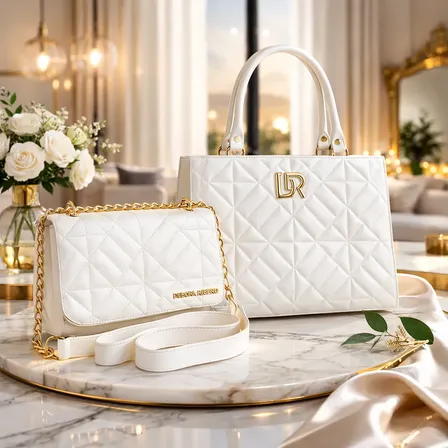 Kit 2 Bolsas Femininas Luxo Alça Transversal E Mão Corrente Branco Lisa Ouro