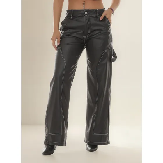 Pantalón Carpintero De Cuerina Costuras Blancas Mujer . .