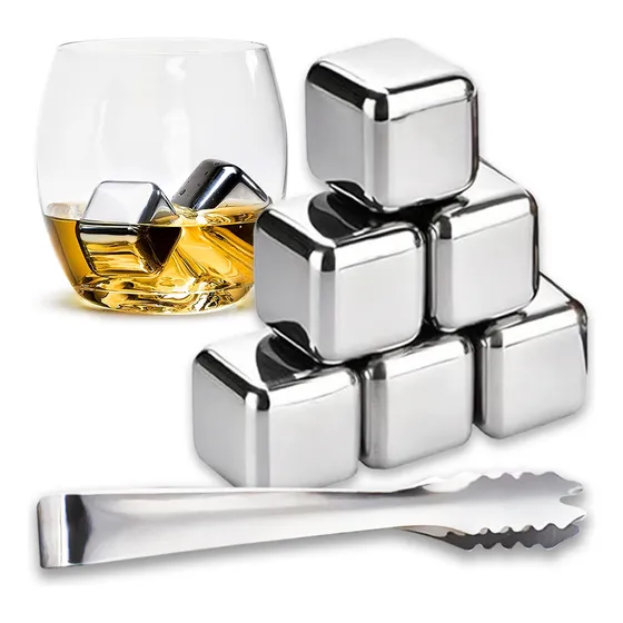 Set Hielo Acero Inoxidable Whisky 6 Cubos Pinza Reusables Color Plateado Marca Raitot