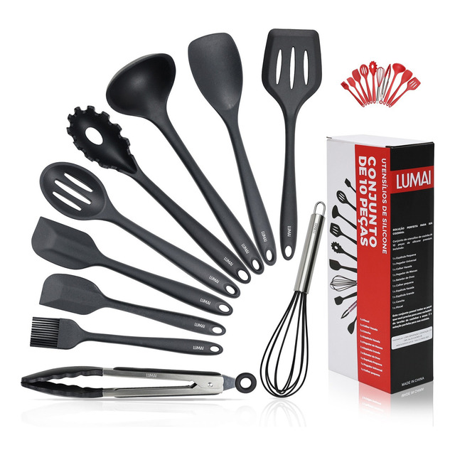 Lumai Utensil Silicone Premium Set Conjunto 10 Utensílios De Cozinha Cor Preto Escumadeira... Lumai Utensil Silicone Premium Set Conjunto 10 Utensílios De Cozinha Cor Preto Escumadeira...