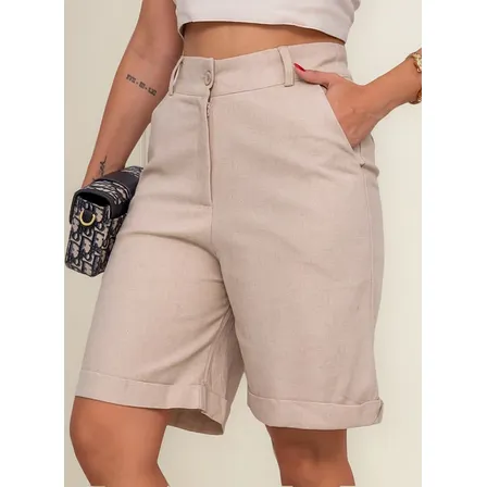 Bermuda Short Alfaiataria Feminina Moda Social Linho