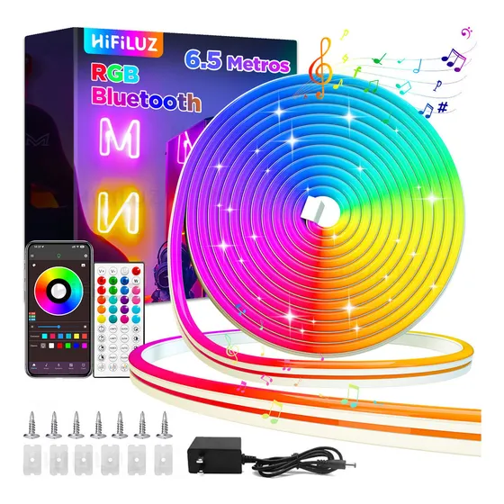 Hifiluz Tira de Led Neón Flex 6.5m Bluetooth RGB IP68 Impermeable 16 Millones de Colores Sincronización de Música Tiras de Luces Flexible