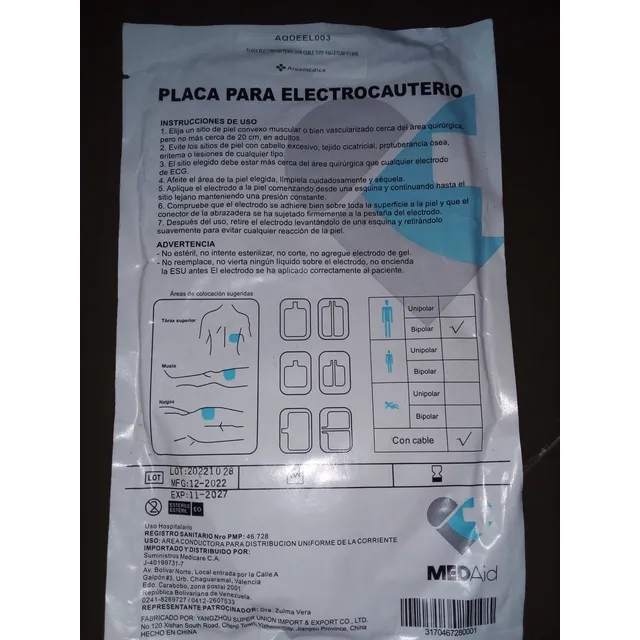 Placa Para Electrocauterio Bipolar Con Cable