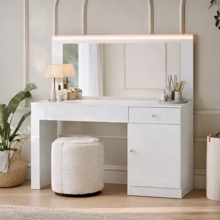 Penteadeira Camarim Makeup Mobler Nina Glamour Organizadora Com Espelho, 2 Gavetas, 1 Porta, Com Fita De Led, Corrediça Telescópica, Cor Branco Fosco, Design Moderno