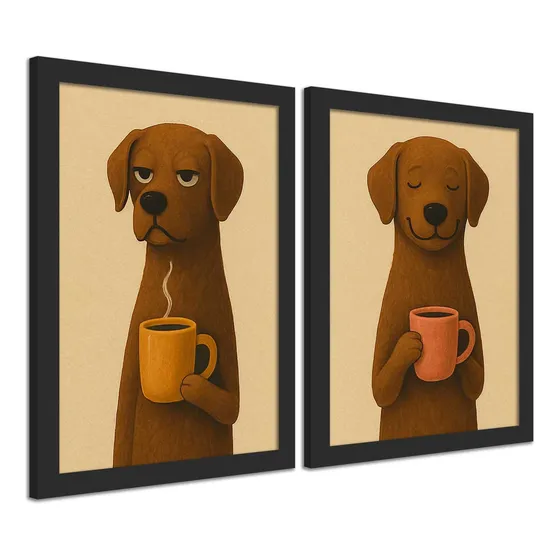 2 Quadros 18x24cm, Cantinho Do Café Cachorro Tomando Café