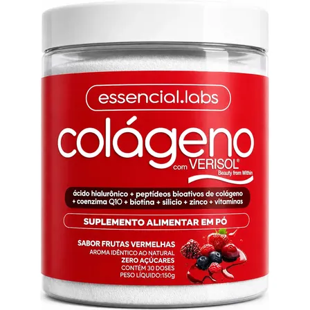 COLÁGENO VERISOL® - Fórmula Exclusiva com Ácido Hialurônico + Coenzima Q10 + Biotina + Silício + Zinco + Peptídeos Bioativos + Vitaminas - Sabor Frutas Vermelhas - 30 doses