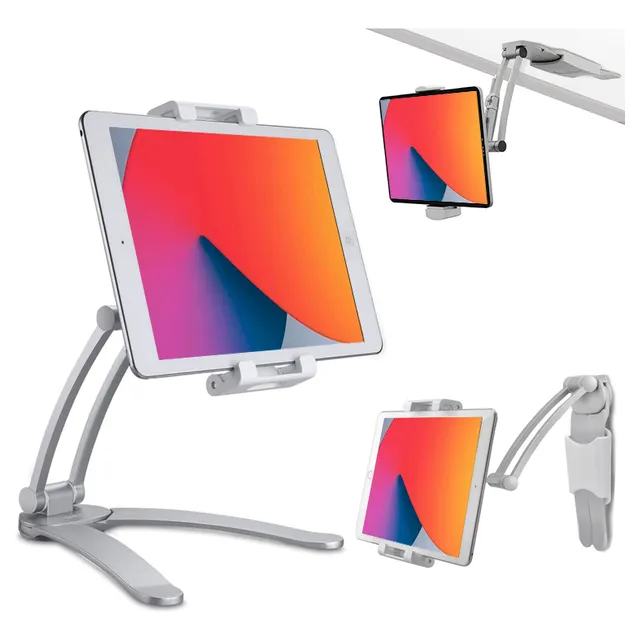 Soporte Tablet Celular Pared Muro Escritorio Aluminio Plata