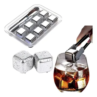 Kit 8 Cubos De Gelo Aço Inox Metal Com Pegador Whisky Drinks Kit 8 Cubos De Gelo Aço Inox Metal Com Pegador Whisky Drinks