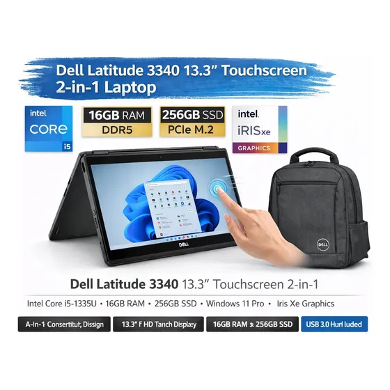 Laptop 2 en 1 Dell Latitude 3340, pantalla táctil de 13,3", Intel Core i5, 16 GB RAM, 256 GB SSD, Windows 11 Pro, incluye mochila y hub USB 3.0.