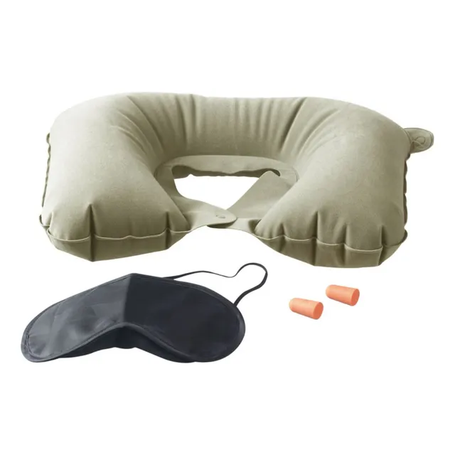 Almohada De Cuello Para Viaje + Antifaz Y Tapones Kit Viaje
