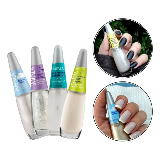 Kit Esmaltes Impala Base Dos Sonhos Verniz Ponto Luz Fosca 