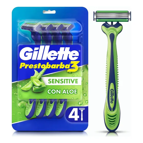 Máquina De Afeitar Gillette Prestobarba3 Sensitive, Desechable De 3 Hojas Con Banda Lubricante Con Aloe Para Piel Sensible, Cabezal Movil, 4 Unidades
