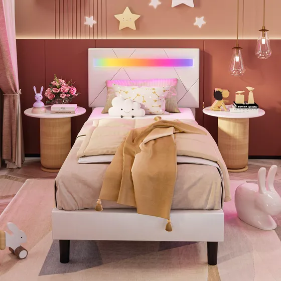 Base De Cama Individual Con Luces Led Tapizado Blanco