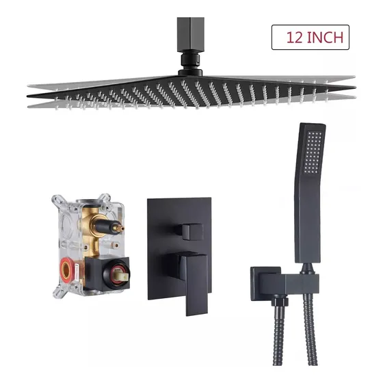 Kit Regadera Ducha Cuadrada  Monomando Laton Negro Led 12