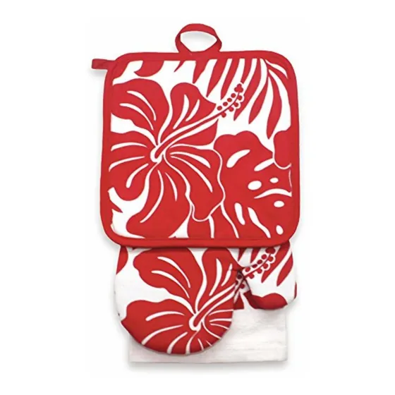 Toalla Cocina 3 Pieza Diseño Floral Rojo