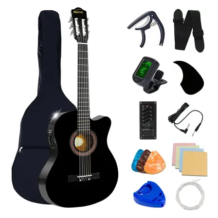 Violão Eletroacústico Clássico 38in Preto Destro Kit Completo para Iniciante com EQ 4 Bandas, Cordas Nylon, Capa, Afinador e Cabo de Áudio