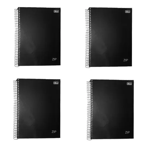 Kit 4 Cadernos 10 Matérias 160fls Espiral Capa Dura Universitário ZIP Tilibra - Preto
