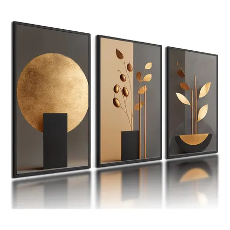 Kit 3 Quadros Decorativos Abstratos Folhagem Dourada Preto