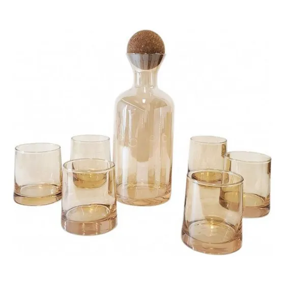 Set Jarra Con Tapa De Corcho Redonda 1.5 L Y 6 Vasos A Tono