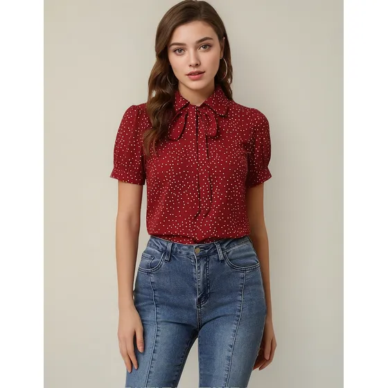 Blusa De Puntos Retro De Gasa Con Cuello Peter Pan Pajarita