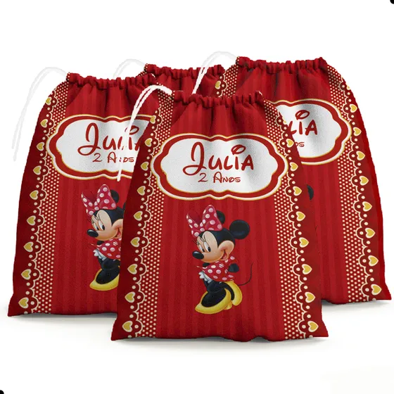 15 Sacolinhas Surpresa Personalizada Tecido Minnie Vermelha
