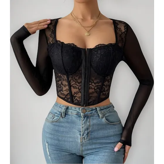 A Blusa Crop Top Elegante Corset Encaje Malla Manga Larga