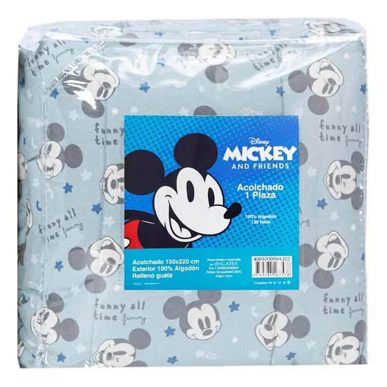 Acolchado Infantil 130 Hilos Mickey 1 Plaza 100% Algodón Color Azul Acero